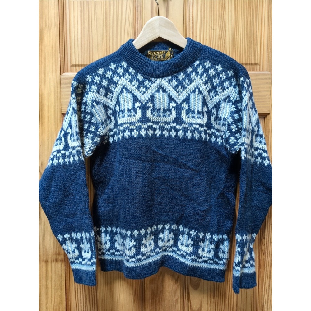 Vtg Viking Ships Nordstrikk Wool Norwegian Sweater Blue/White Sz 38 S/M (18x23) - Picture 2 of 14